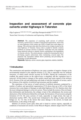 Inspection and Assessment of Concrete Pipe Culverts Under Highways in Tatarstan