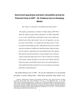 Government Guarantees and Bank Vulnerability During the Financial Crisis of 2007 – 09: Evidence from an Emerging Market