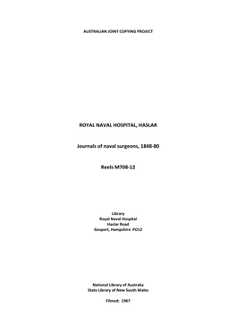 ROYAL NAVAL HOSPITAL, HASLAR Journals of Naval Surgeons, 1848