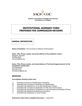 Institutional Summary Form Prepared for Commission Reviews