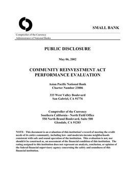 Public Disclosure Community Reinvestment Act