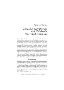 The Mind–Body Problem and Whitehead's Non-Reductive Monism