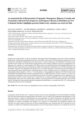 Copepoda, Monogenea, Digenea, Cestoda and Nematoda