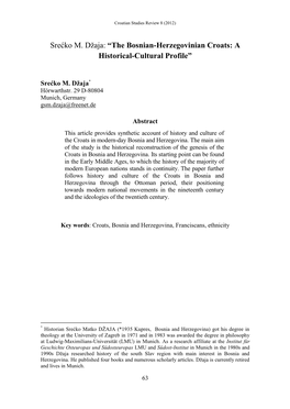 Srećko M. Džaja: “The Bosnian-Herzegovinian Croats: a Historical-Cultural Profile”