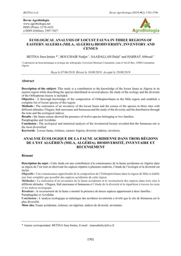 Ecological Analysis of Locust Fauna in Three Regions of Eastern Algeria (Mila, Algeria) Biodiversity, Inventory and Census