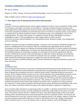 Sönmez S (1998) Tourism, Terrorism and Political Instability. Annals of Touris