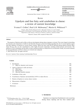 Lipolysis and Free Fatty Acid Catabolism in Cheese: a Review of Current Knowledge Yvonne F