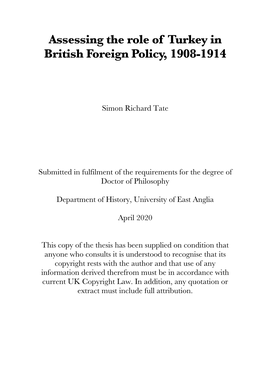 Assessing the Role of Turkey in British Foreign Policy, 1908-1914