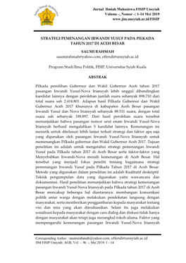 Jurnal Ilmiah Mahasiswa FISIP Unsyiah Volume -, Nomor -: 1-14