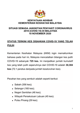 (Covid-19) Di Malaysia 10 November 2020