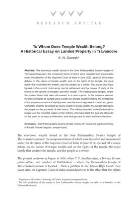 To Whom Does Temple Wealth Belong? a Historical Essay on Landed Property in Travancore K