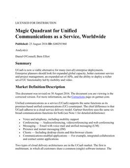 Magic Quadrant for Unified Communications As a Service, Worldwide