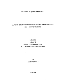 La Réforme Du Mode De Scrutin Au Québec :Une Perspective Néo-Institutionnaliste