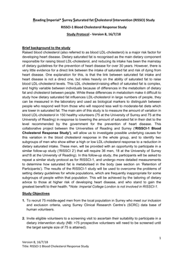 Reading Imperial* Surrey Saturated Fat Cholesterol Intervention (RISSCI) Study RISSCI-1 Blood Cholesterol Response Study Study Protocol - Version 8, 16/7/18