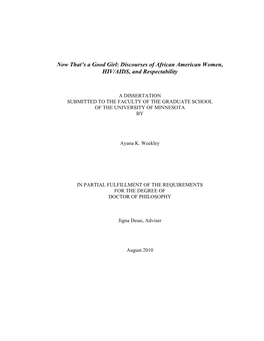 Now That's a Good Girl: Discourses of African American Women, HIV/AIDS, and Respectability