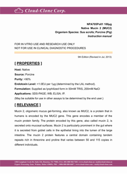 Native Mucin 2 (MUC2) Organism Species: Sus Scrofa; Porcine (Pig) Instruction Manual