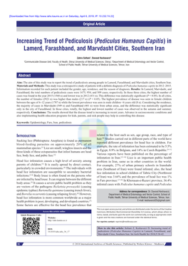 Pediculus Humanus Capitis) in Lamerd, Farashband, and Marvdasht Cities, Southern Iran