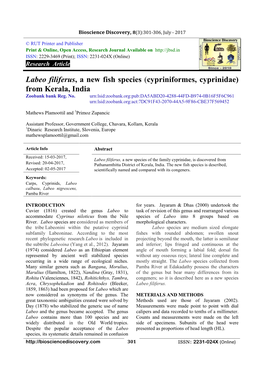 Labeo Filiferus, a New Fish Species (Cypriniformes, Cyprinidae) from Kerala, India Zoobank Bank Reg
