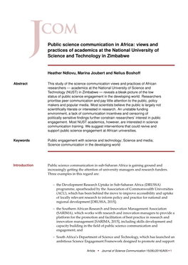 Public Science Communication in Africa: Views and Practices of Academics at the National University of Science and Technology in Zimbabwe