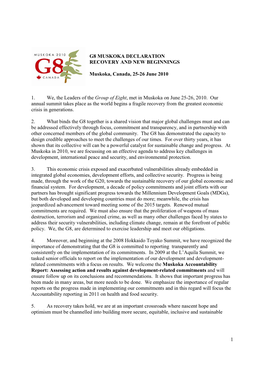 G8 Muskoka Declaration Recovery and New Beginnings