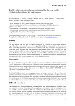 Trophic Ecology and Potential Predation Impact of Carybdea Marsupialis (Cnidaria: Cubozoa) in the NW Mediterranean