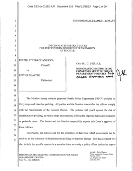 Memorandum Submitting Consensus Seattle Police Department Policies and Order Approving Same