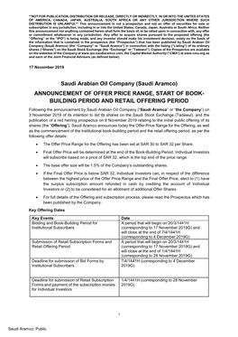 (Saudi Aramco) ANNOUNCEMENT of OFFER PRICE RANGE, START