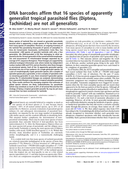 Diptera, Tachinidae) Are Not All Generalists