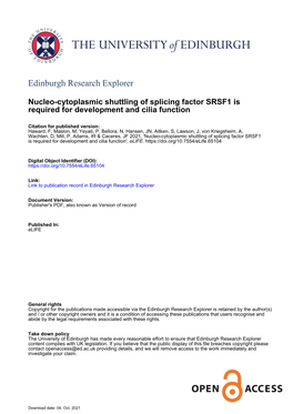 Nucleo-Cytoplasmic Shuttling of Splicing Factor SRSF1 Is Required for Development and Cilia Function Elife-65104