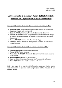 Lettre Ouverte À Monsieur Julien DENORMANDIE, Ministre De L'agriculture Et De L'alimentation