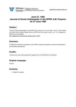 June 27, 1960 Journal of Soviet Ambassador in the DPRK A.M. Puzanov for 27 June 1960