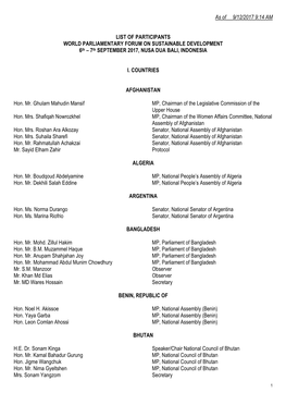 As of 9/12/2017 9:14 AM LIST of PARTICIPANTS WORLD