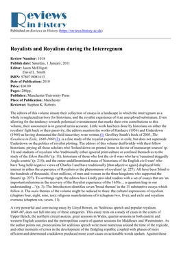 Royalists and Royalism During the Interregnum