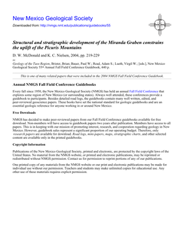 Structural and Stratigraphic Development of the Miranda Graben Constrains the Uplift of the Picuris Mountains D