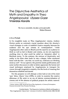 The Disjunctive Aesthetics Af Myth and Empathy in Thea Angelopaulas' Ulysses Gaze Vrasldas Karalls