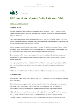 AIMS Pays Tribute to Stephen Gaskin & Mary Ann Cahill