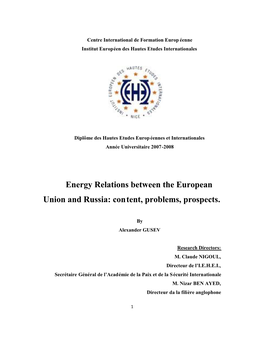 Energy Relations Between the European Union and Russia: Content, Problems, Prospects