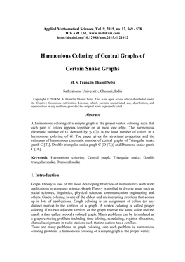 Harmonious Coloring of Central Graphs of Certain Snake Graphs 571