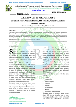 SUBSTANCE ABUSE Shwetansh Soni*, Archana Sharma, M.P Khinchi, Narendra Gauttam, Shubham Gauttam Department of Pharmacognosy, Kota College of Pharmacy, Kota