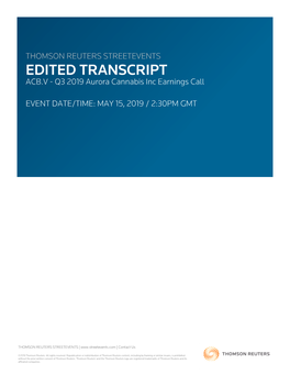 Q3 2019 Aurora Cannabis Inc Earnings Call on May 15