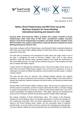 Natixis, École Polytechnique and HEC Paris Set up the Business Analytics for Future Banking International Teaching and Research Chair