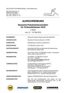 AUSSCHREIBUNG Deutsche Pokalmeisterschaften Für Verbandsklassen 2010 in Brühl Vom 13