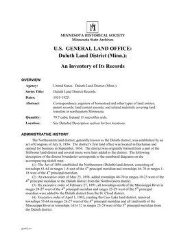 US GENERAL LAND OFFICE: Duluth Land District