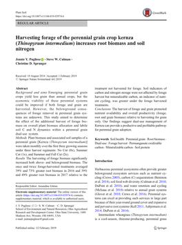 Harvesting Forage of the Perennial Grain Crop Kernza (Thinopyrum Intermedium) Increases Root Biomass and Soil Nitrogen