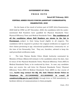 GOVERNMENT of INDIA PRESSNOTE Dated 08Th