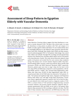 Assessment of Sleep Pattern in Egyptian Elderly with Vascular Dementia