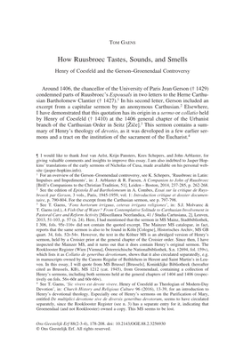 How Ruusbroec Tastes, Sounds, and Smells Henry of Coesfeld and the Gerson–Groenendaal Controversy