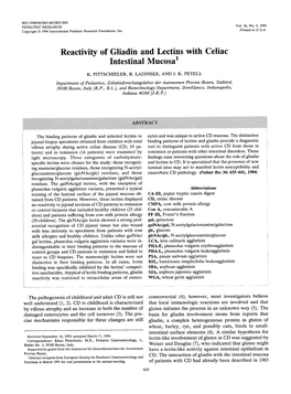 Reactivity of Gliadin and Lectins with Celiac Intestinal ~Ucosa'