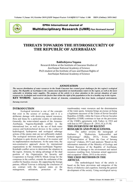 Threats Towards the Hydrosecurity of the Republic of Azerbaijan