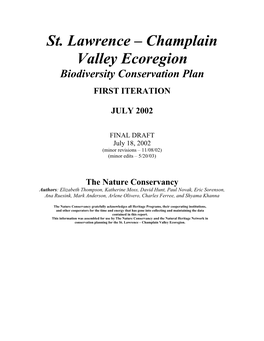 St. Lawrence – Champlain Valley Ecoregion Biodiversity Conservation Plan